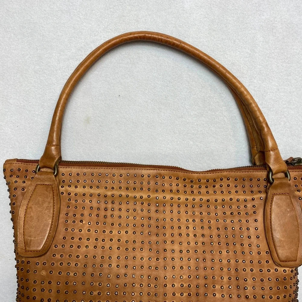 Platania Brown Leather Studded Double Handles Large Tote Shoulder Bag - Italy